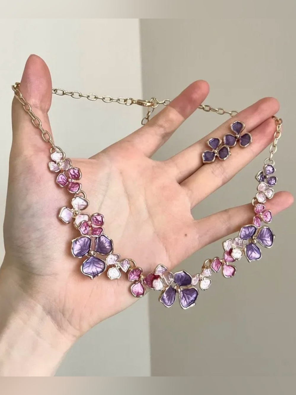 Floral Petal Necklace and Earrings Set - Purple & Pink